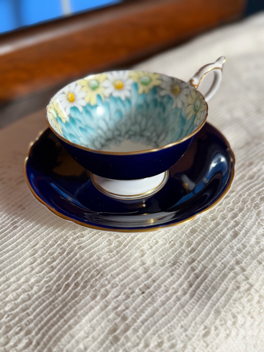 Aynsley Cobalt Blue Gold-Trim Teacup & Saucer with Floral Interior